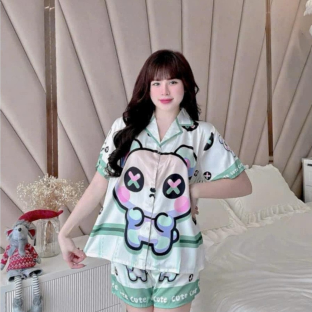 Cute Cartoon Print Pajama Set - White & Green